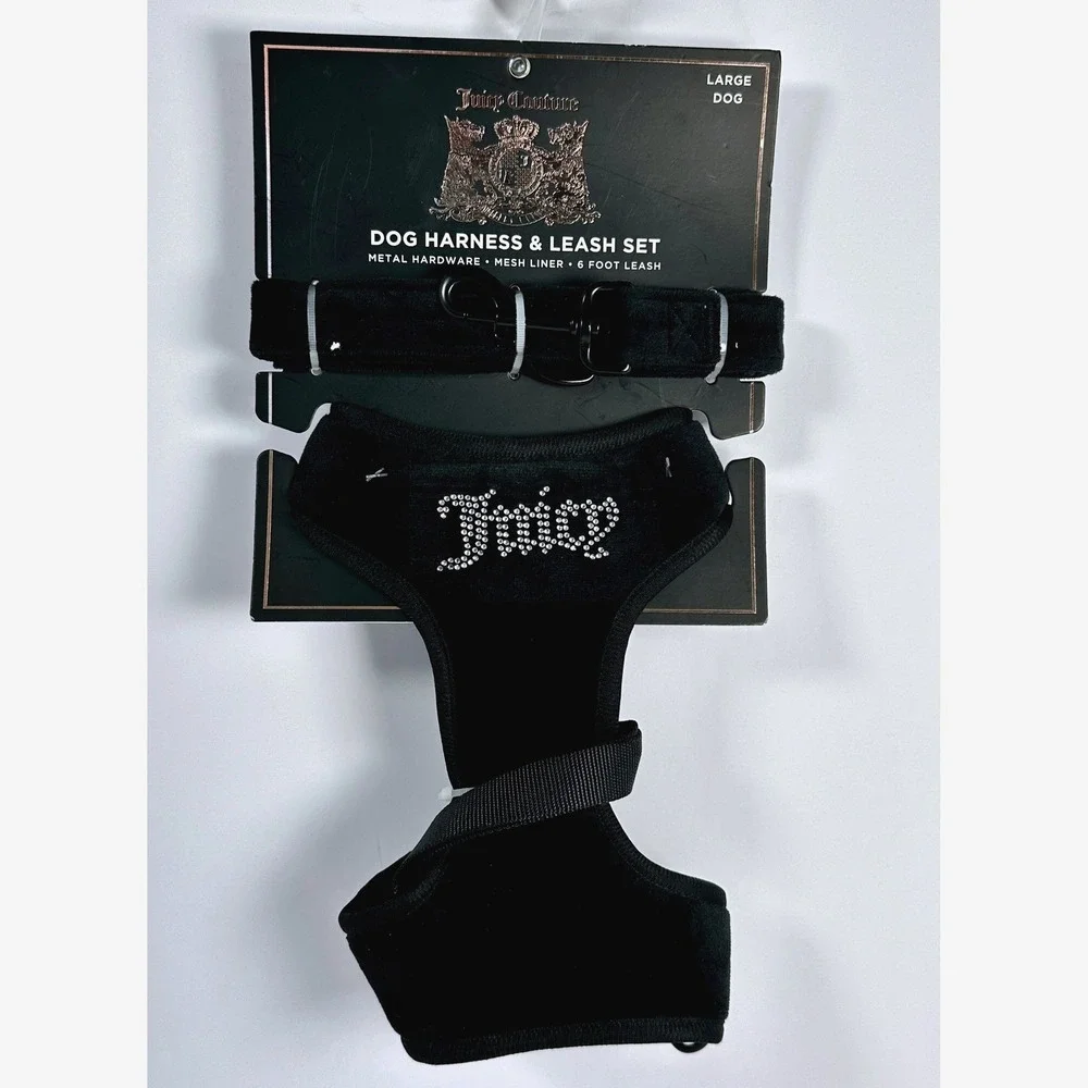 Juicy Couture Black Velvet Rhinestone Dog Harness‎ & Leash Set Large Dog New